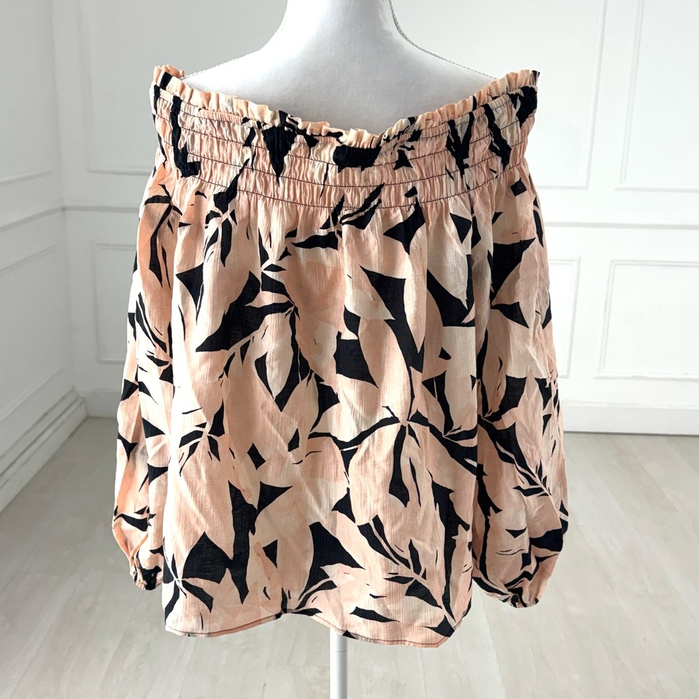 H&M Womens XL Off The Shoulder Tropical Boho Airy Peasant Blouse Peach Black - Picture 2 of 6